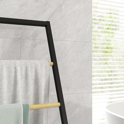 Free Standing Towel Rack for Bathroom with 4 Bamboo and Steel Bars for Laundry 40.5x28x98 cm Black and Natural