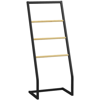 Free Standing Towel Rack for Bathroom with 4 Bamboo and Steel Bars for Laundry 40.5x28x98 cm Black and Natural