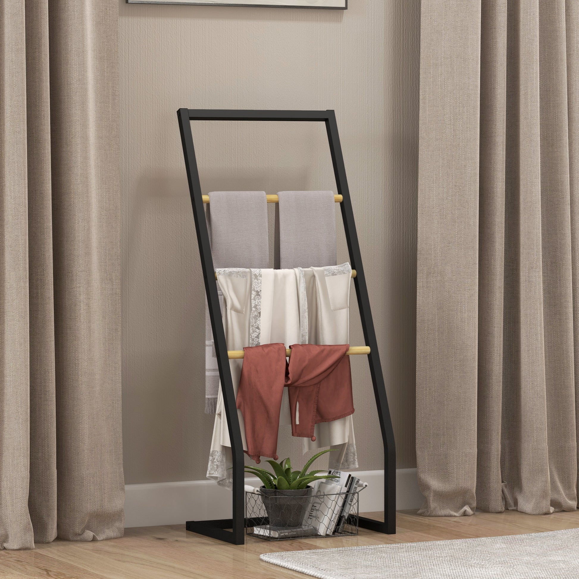 Free Standing Towel Rack for Bathroom with 4 Bamboo and Steel Bars for Laundry 40.5x28x98 cm Black and Natural