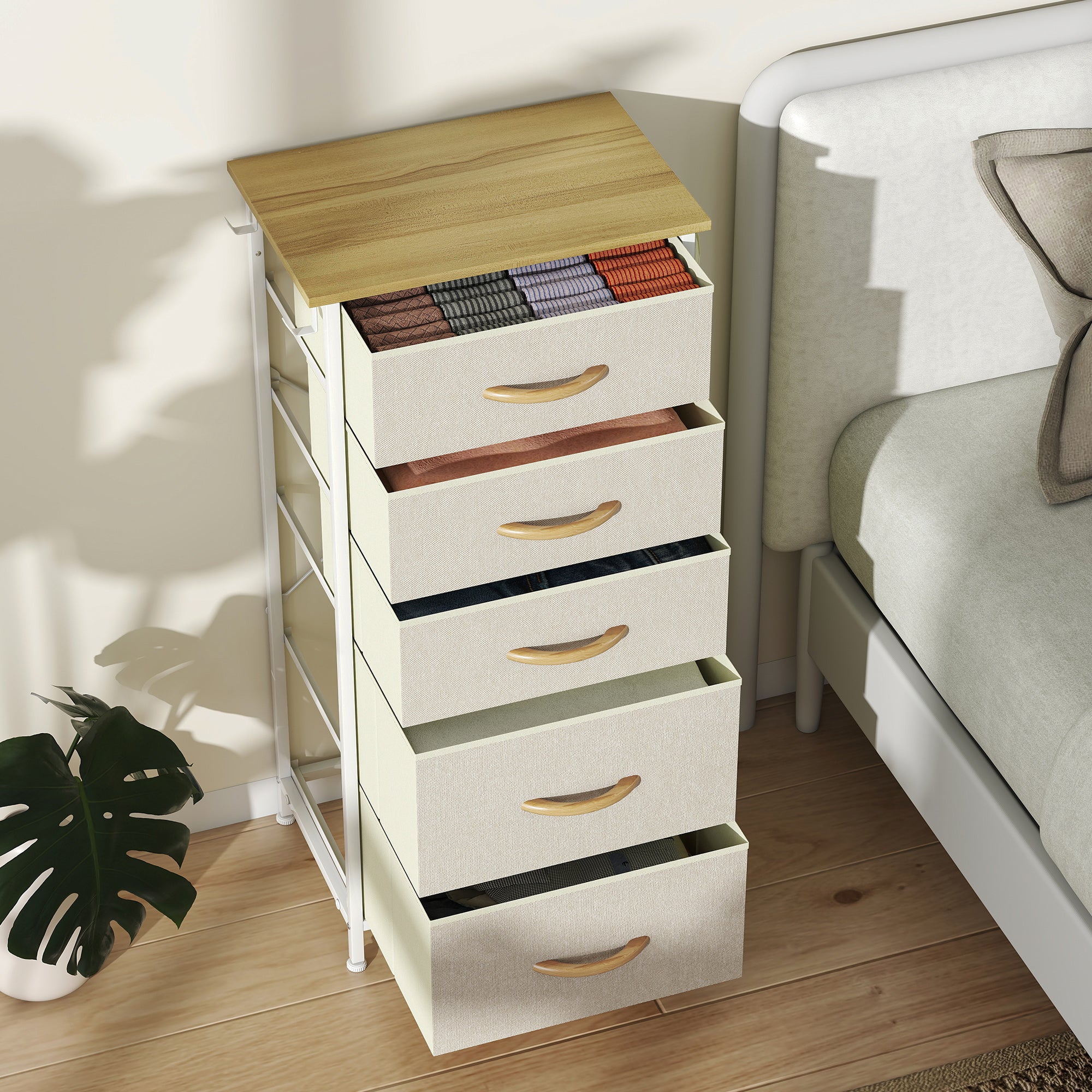 5-Drawer Fabric Dresser with Hooks & Side Pockets, Steel Frame – Beige