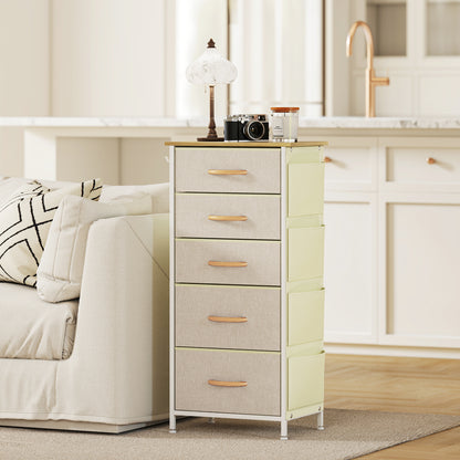 5-Drawer Fabric Dresser with Hooks & Side Pockets, Steel Frame – Beige