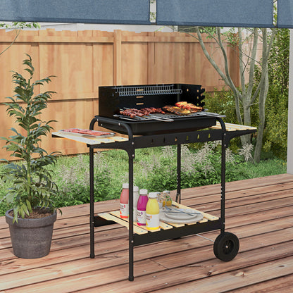 Metal Charcoal BBQ Smoker Grill with Wheels, Adjustable Height Grill Grate, Wooden Shelf, Portable Grill Cart Charcoal Grill, BBQ for Barbecue Camping, Patio, 103x47x95 cm