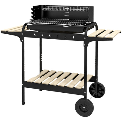 Metal Charcoal BBQ Smoker Grill with Wheels, Adjustable Height Grill Grate, Wooden Shelf, Portable Grill Cart Charcoal Grill, BBQ for Barbecue Camping, Patio, 103x47x95 cm