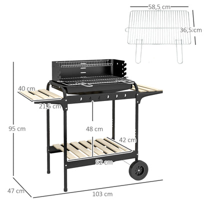 Metal Charcoal BBQ Smoker Grill with Wheels, Adjustable Height Grill Grate, Wooden Shelf, Portable Grill Cart Charcoal Grill, BBQ for Barbecue Camping, Patio, 103x47x95 cm