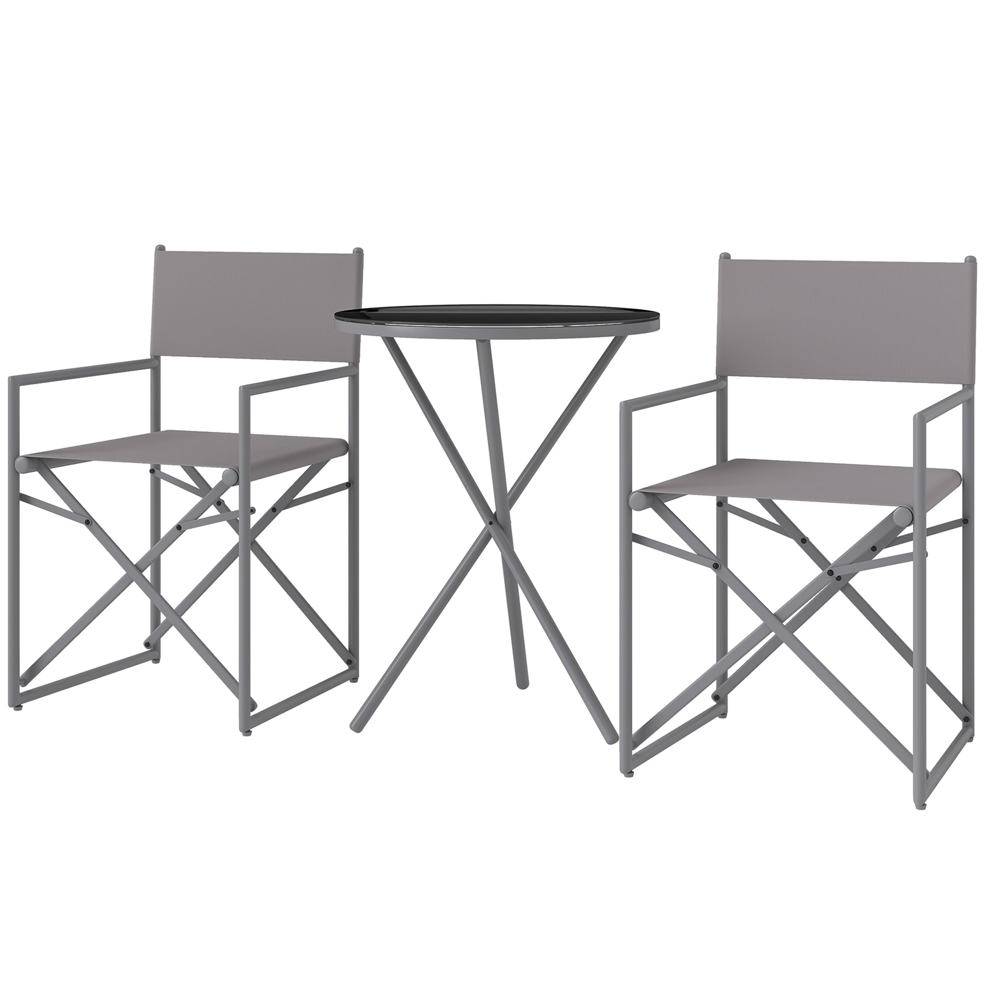 3-Piece Dark Gray Garden Furniture Set Balcony Furniture Set with 2 Foldable Chairs Table with Tempered Glass Top and Steel Frame for Outdoor Terrace Patio Dark Gray