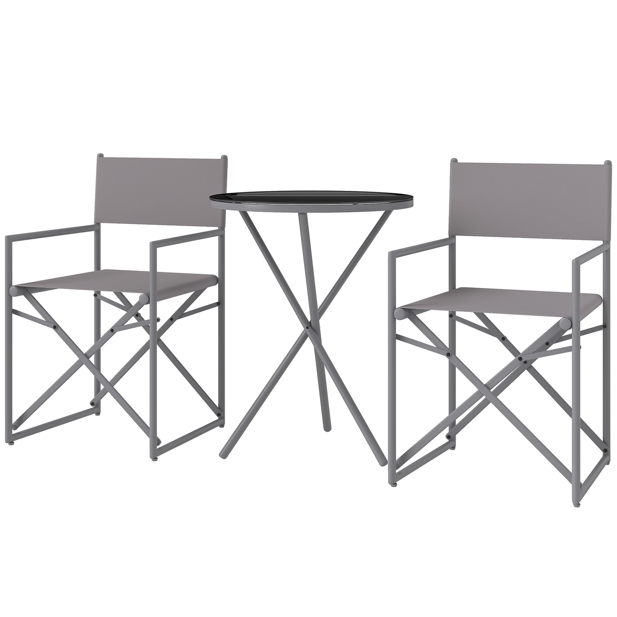3-Piece Dark Gray Garden Furniture Set Balcony Furniture Set with 2 Foldable Chairs Table with Tempered Glass Top and Steel Frame for Outdoor Terrace Patio Dark Gray
