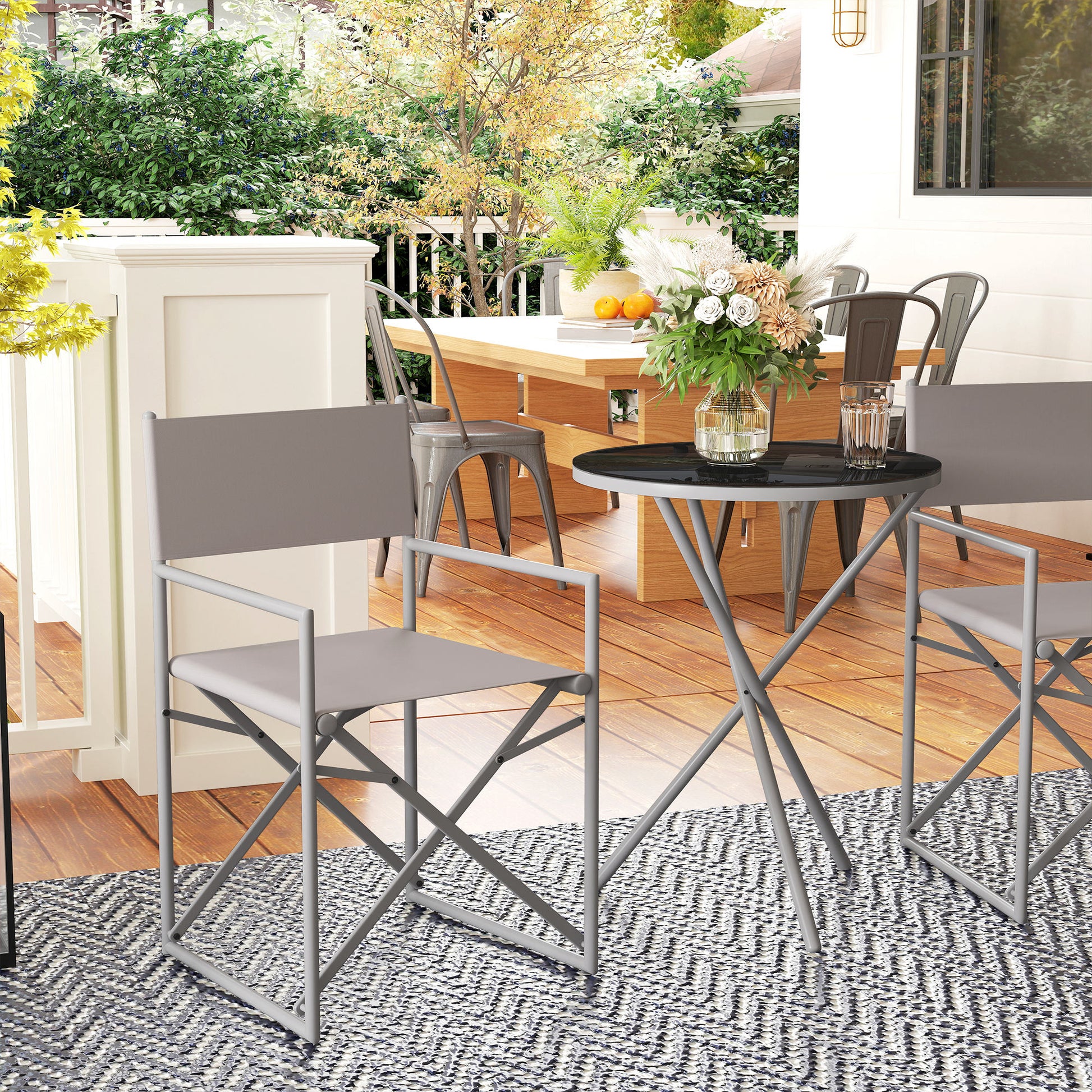 3-Piece Dark Gray Garden Furniture Set Balcony Furniture Set with 2 Foldable Chairs Table with Tempered Glass Top and Steel Frame for Outdoor Terrace Patio Dark Gray