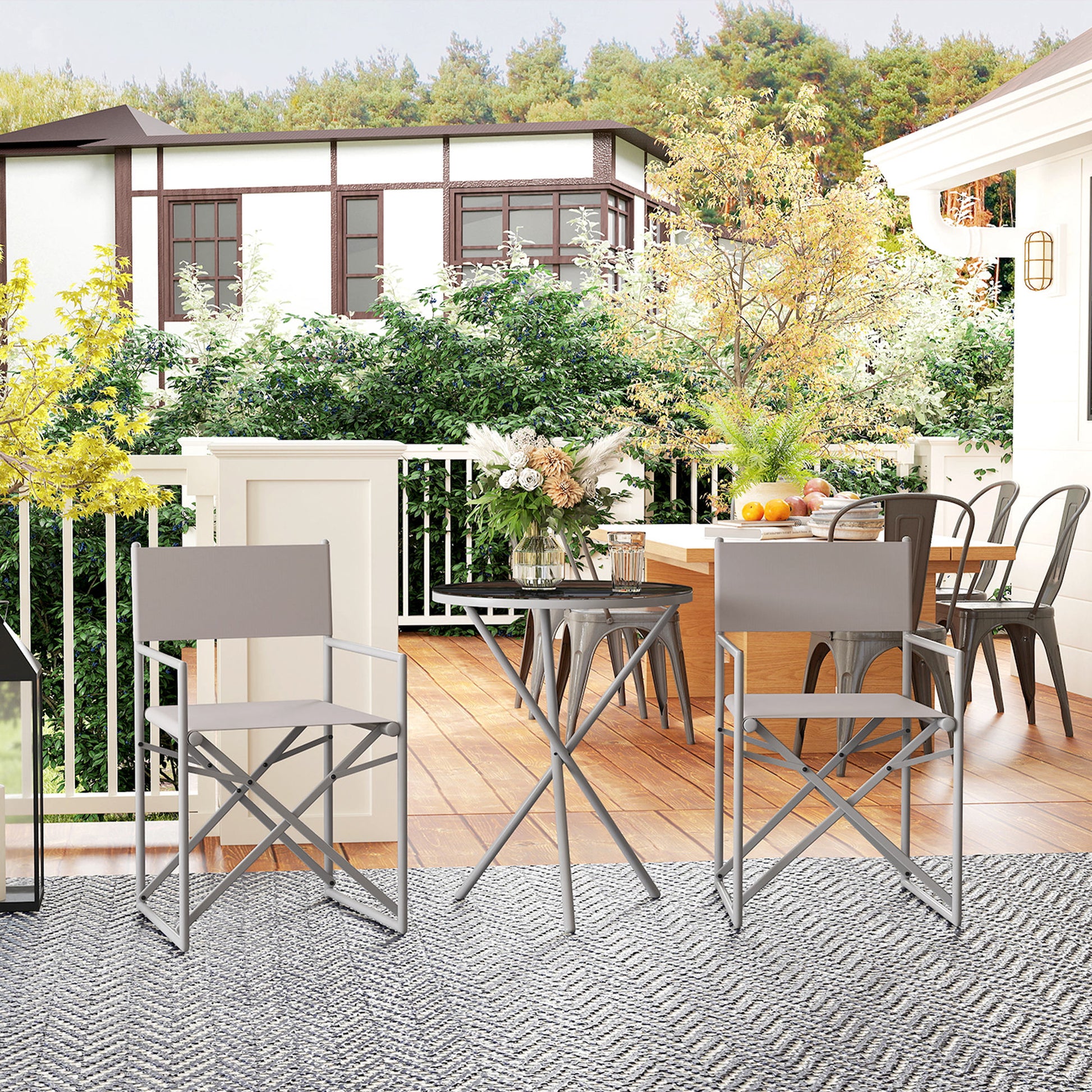 3-Piece Dark Gray Garden Furniture Set Balcony Furniture Set with 2 Foldable Chairs Table with Tempered Glass Top and Steel Frame for Outdoor Terrace Patio Dark Gray