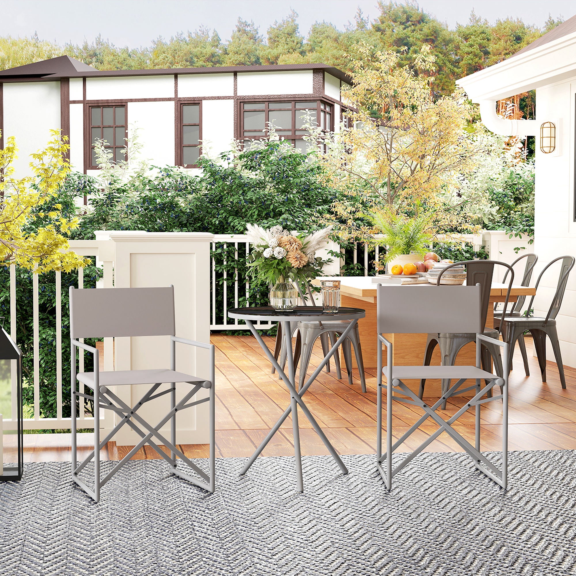 3-Piece Dark Gray Garden Furniture Set Balcony Furniture Set with 2 Foldable Chairs Table with Tempered Glass Top and Steel Frame for Outdoor Terrace Patio Dark Gray
