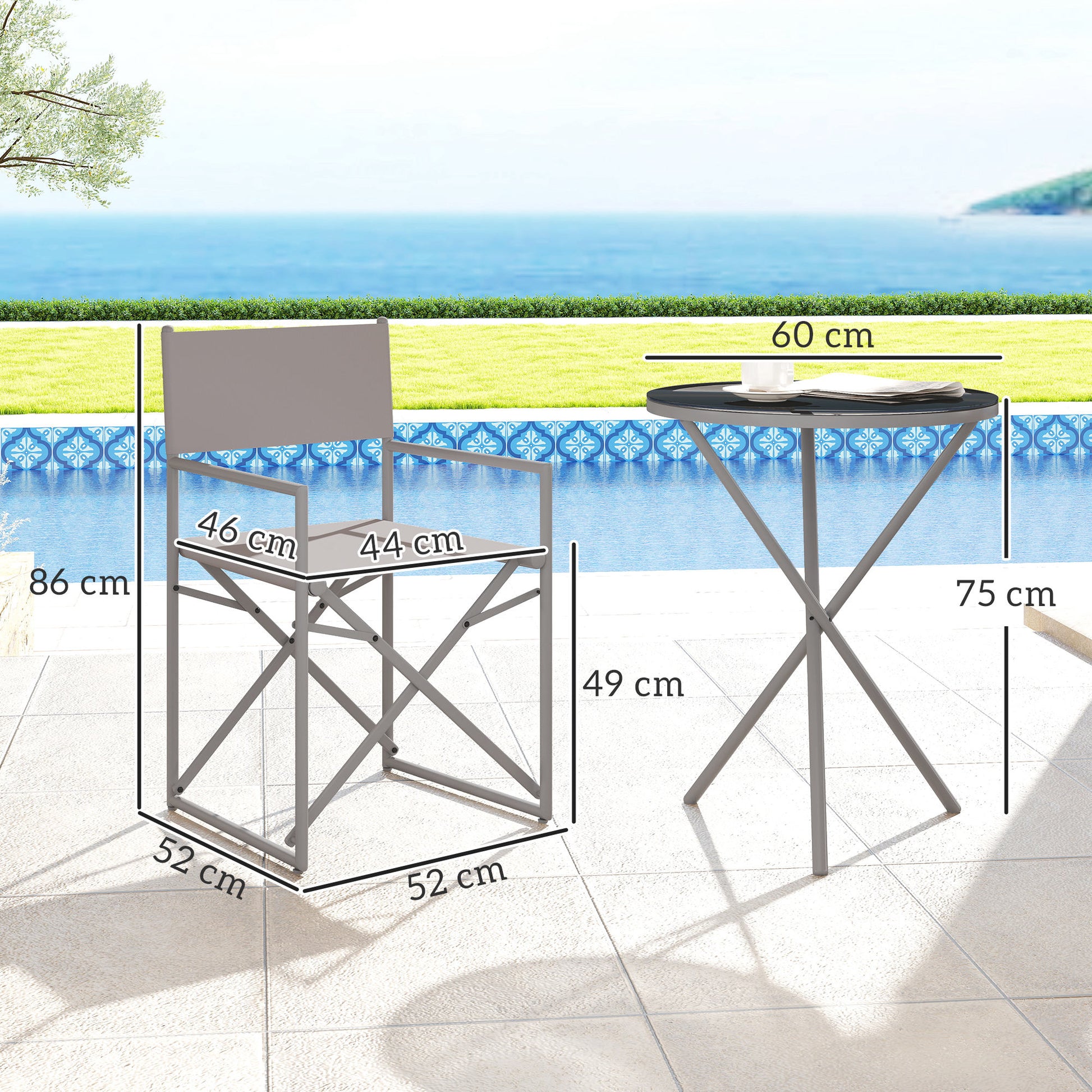 3-Piece Dark Gray Garden Furniture Set Balcony Furniture Set with 2 Foldable Chairs Table with Tempered Glass Top and Steel Frame for Outdoor Terrace Patio Dark Gray