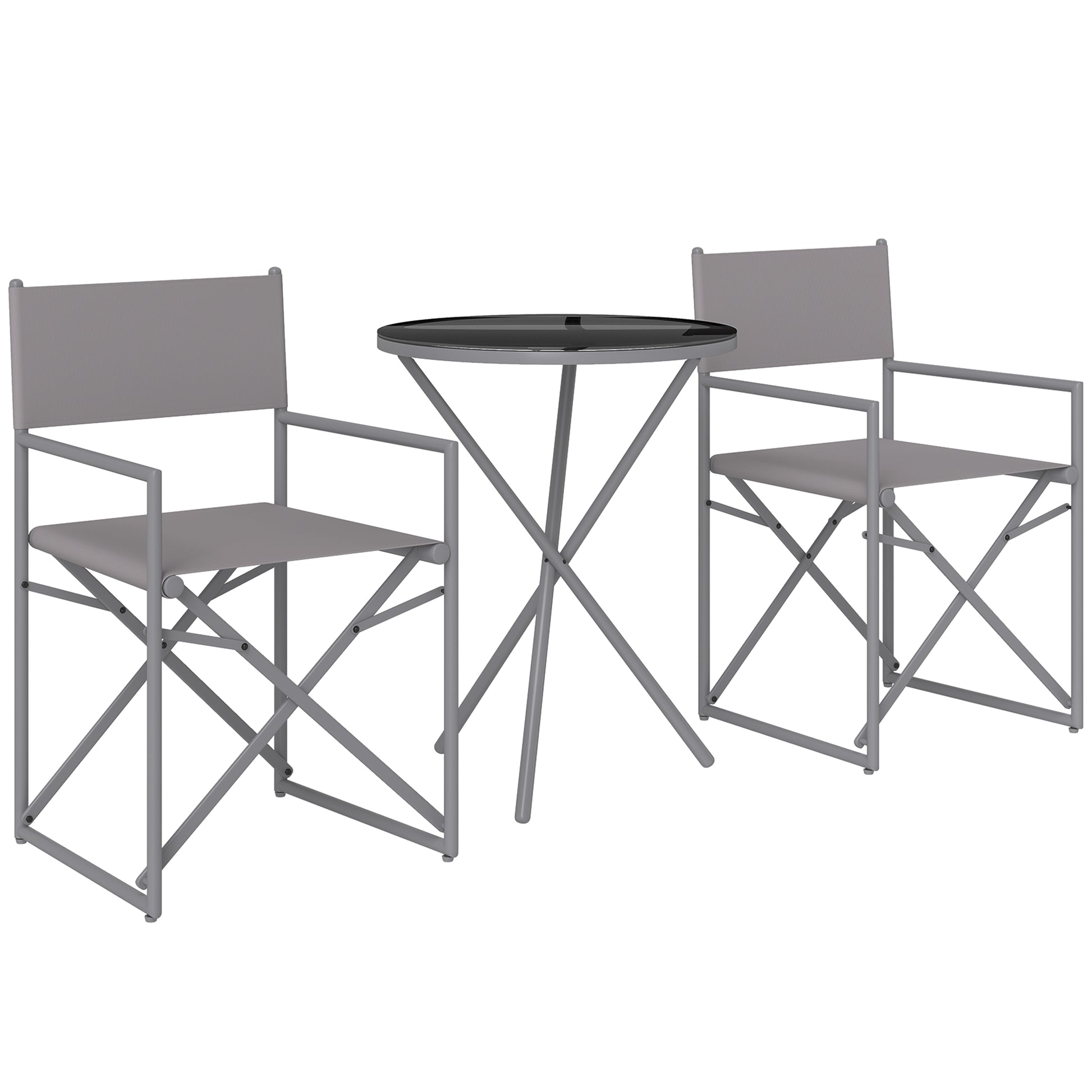 3-Piece Dark Gray Garden Furniture Set Balcony Furniture Set with 2 Foldable Chairs Table with Tempered Glass Top and Steel Frame for Outdoor Terrace Patio Dark Gray