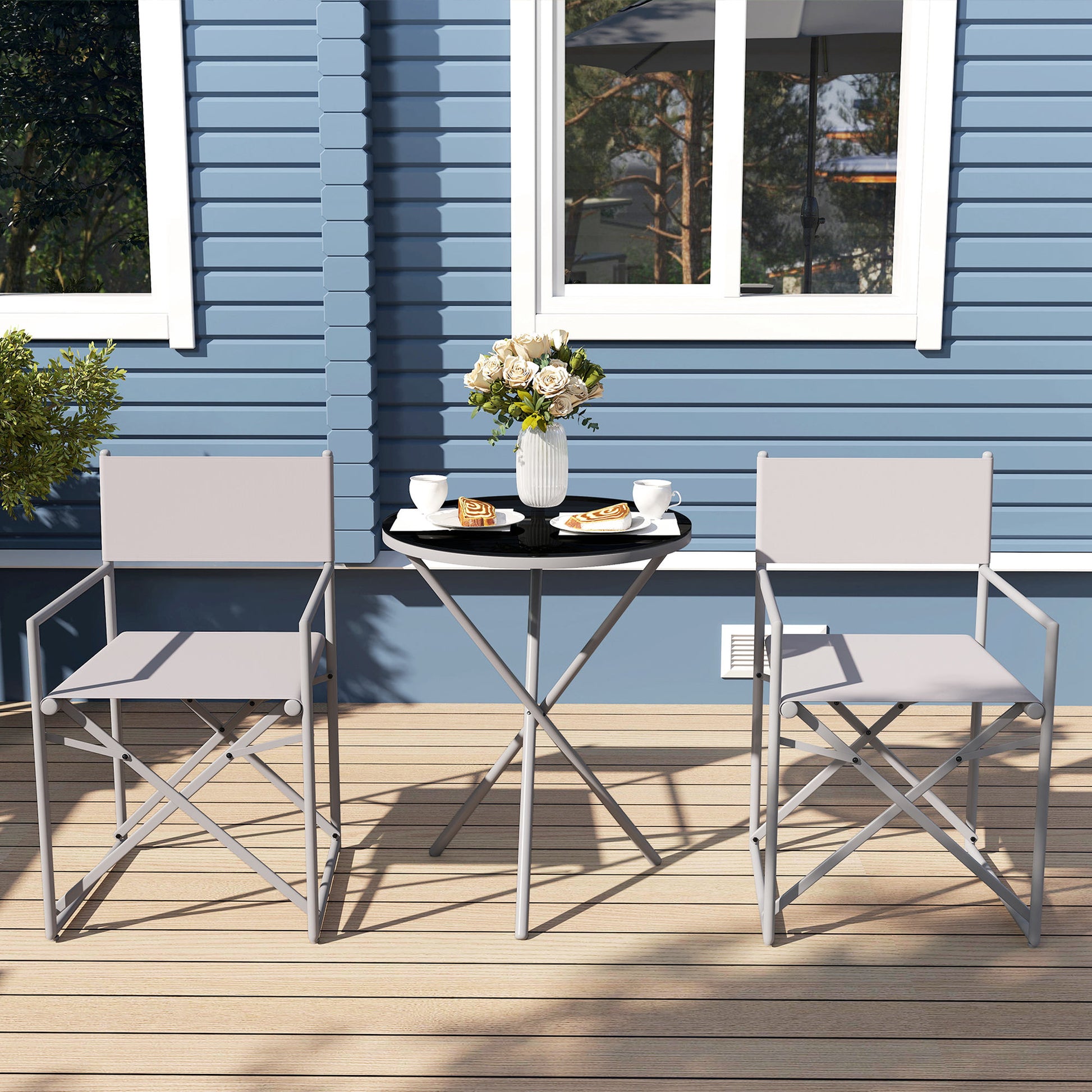 3-Piece Dark Gray Garden Furniture Set Balcony Furniture Set with 2 Foldable Chairs Table with Tempered Glass Top and Steel Frame for Outdoor Terrace Patio Dark Gray