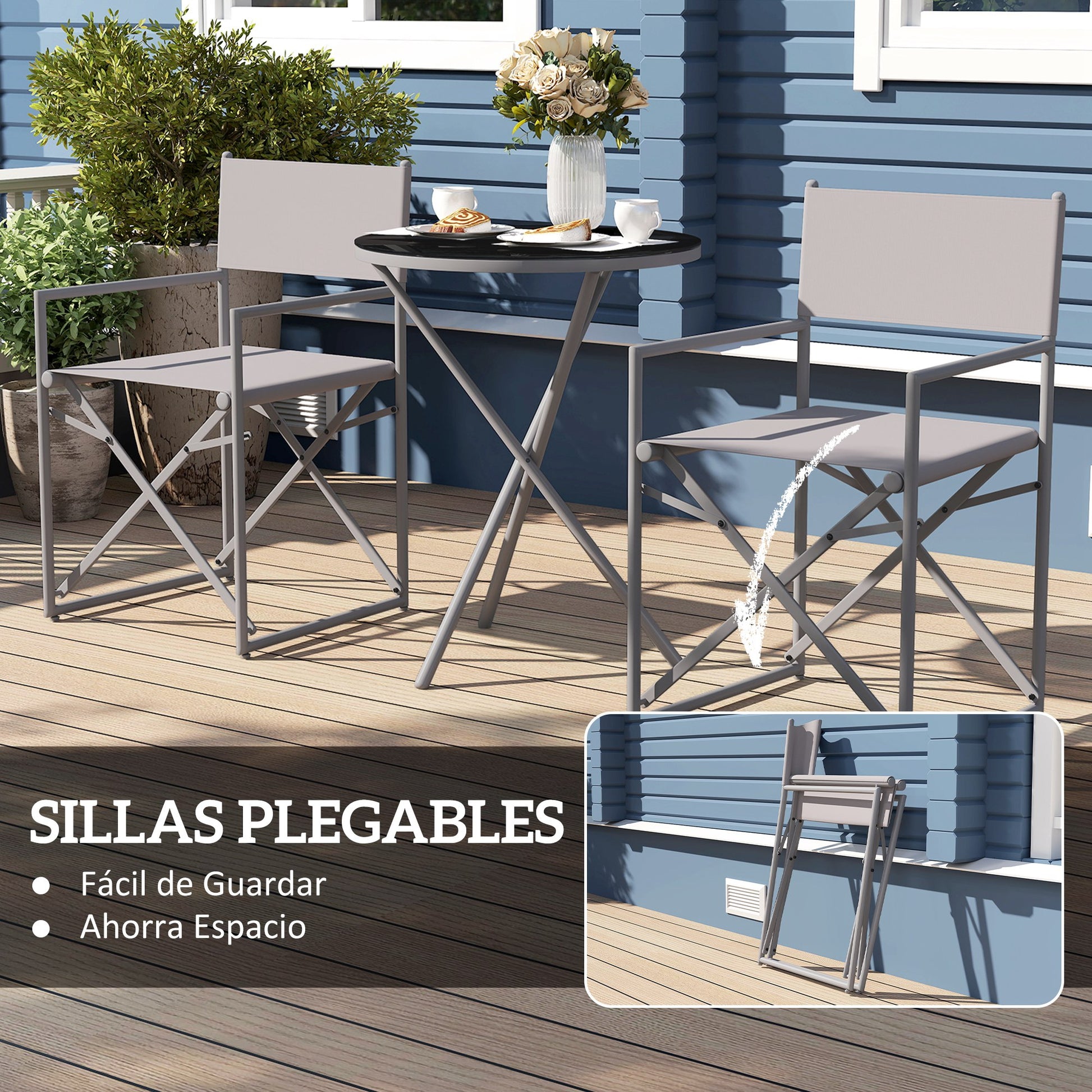 3-Piece Dark Gray Garden Furniture Set Balcony Furniture Set with 2 Foldable Chairs Table with Tempered Glass Top and Steel Frame for Outdoor Terrace Patio Dark Gray