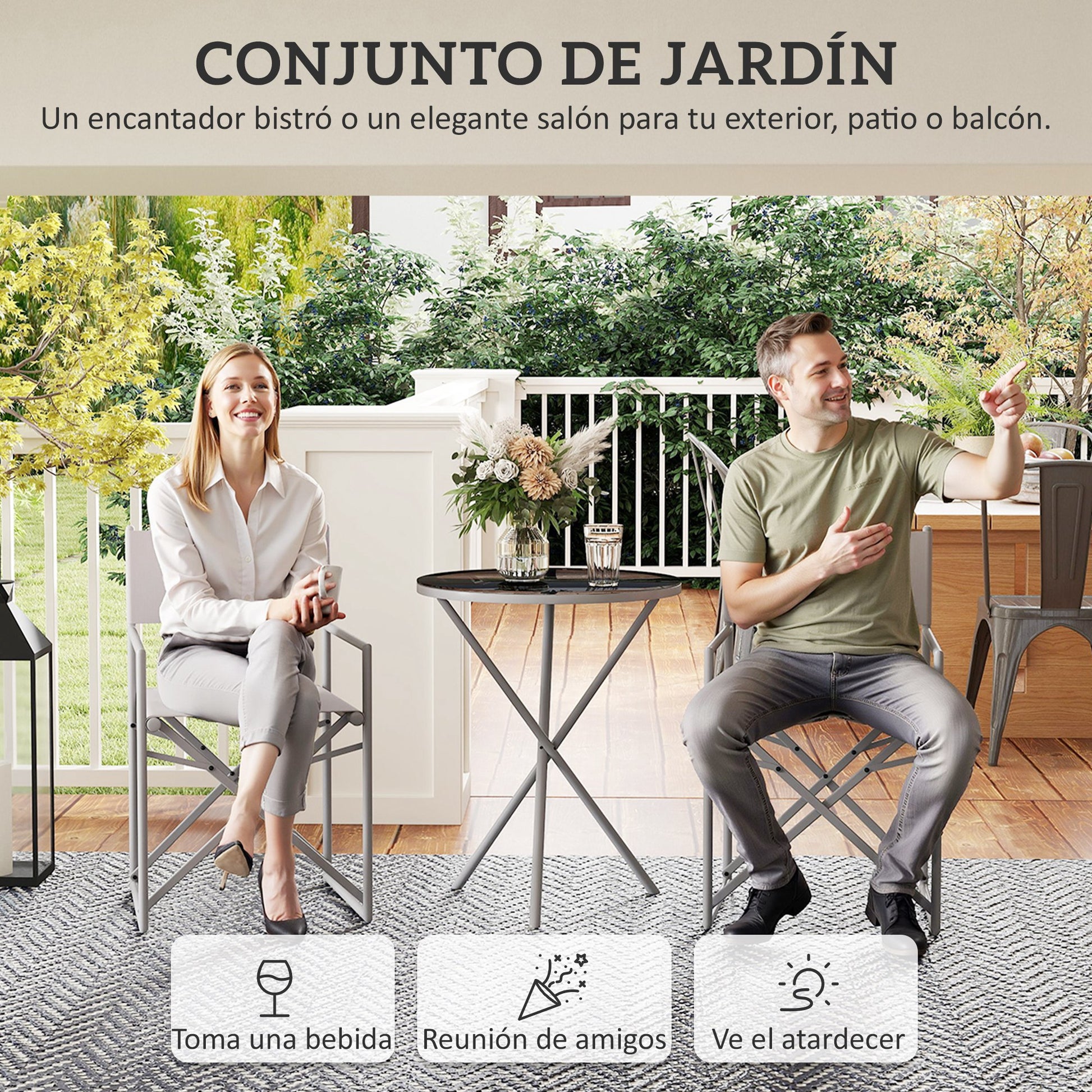 3-Piece Dark Gray Garden Furniture Set Balcony Furniture Set with 2 Foldable Chairs Table with Tempered Glass Top and Steel Frame for Outdoor Terrace Patio Dark Gray