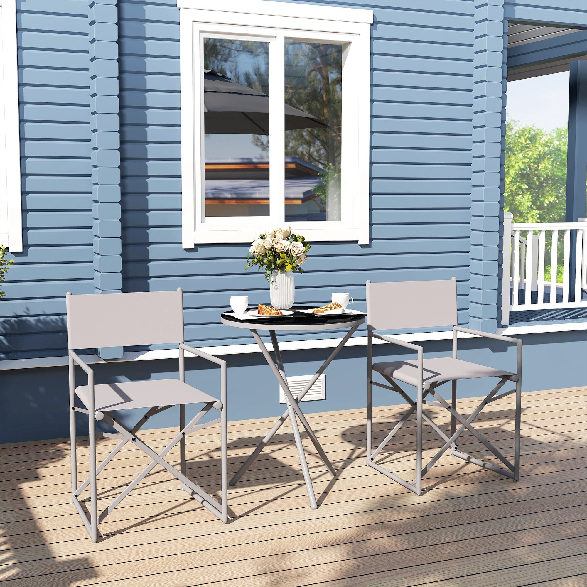 3-Piece Dark Gray Garden Furniture Set Balcony Furniture Set with 2 Foldable Chairs Table with Tempered Glass Top and Steel Frame for Outdoor Terrace Patio Dark Gray