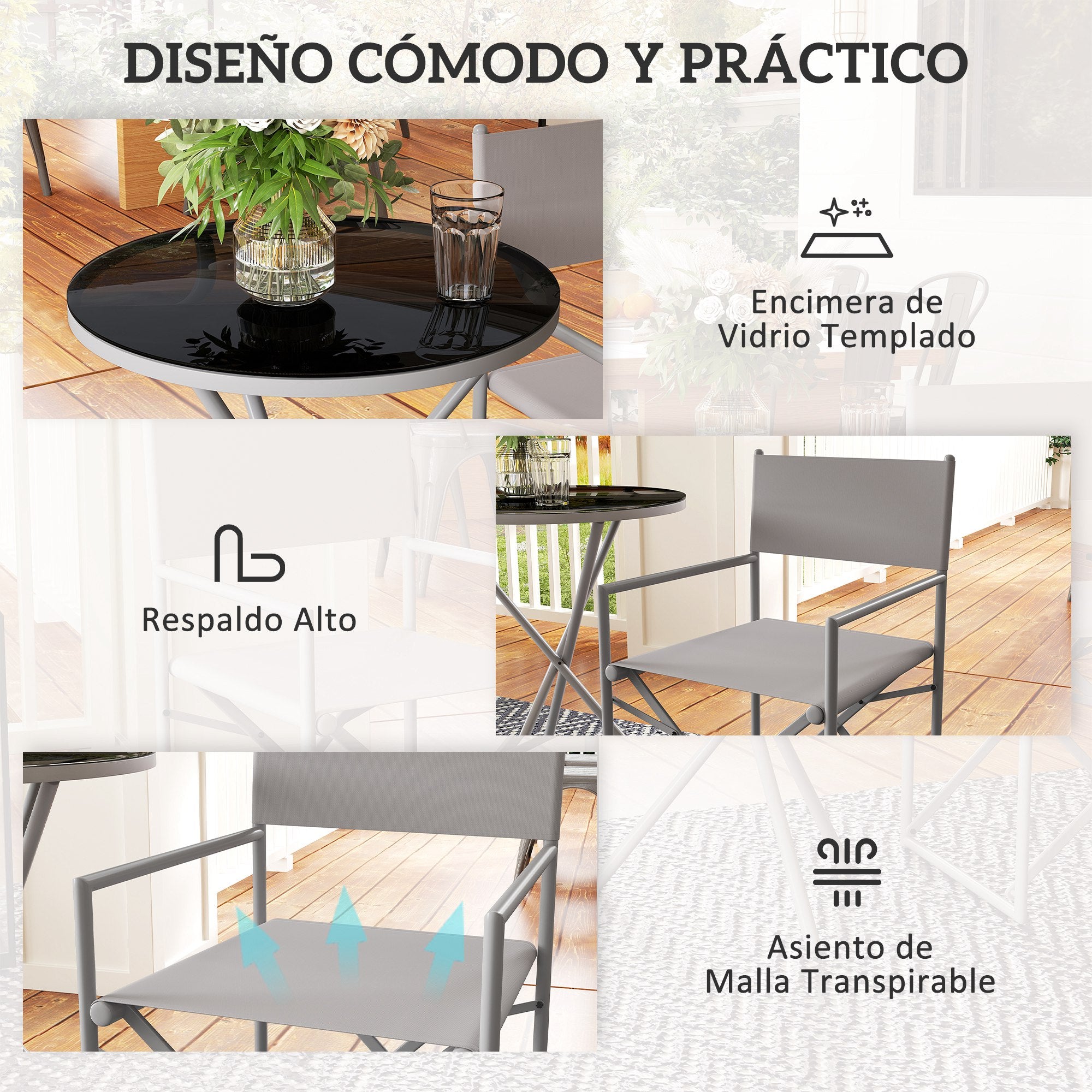 3-Piece Dark Gray Garden Furniture Set Balcony Furniture Set with 2 Foldable Chairs Table with Tempered Glass Top and Steel Frame for Outdoor Terrace Patio Dark Gray