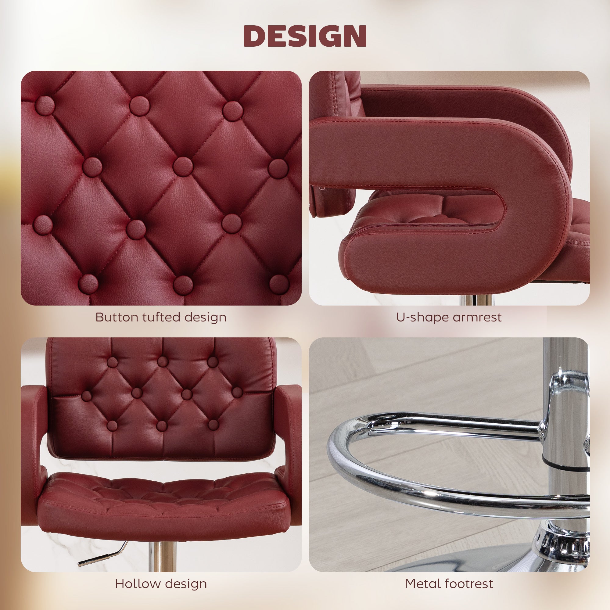 Adjustable PU Bar Stool with Backrest, Armrests & Footrest — Burgundy