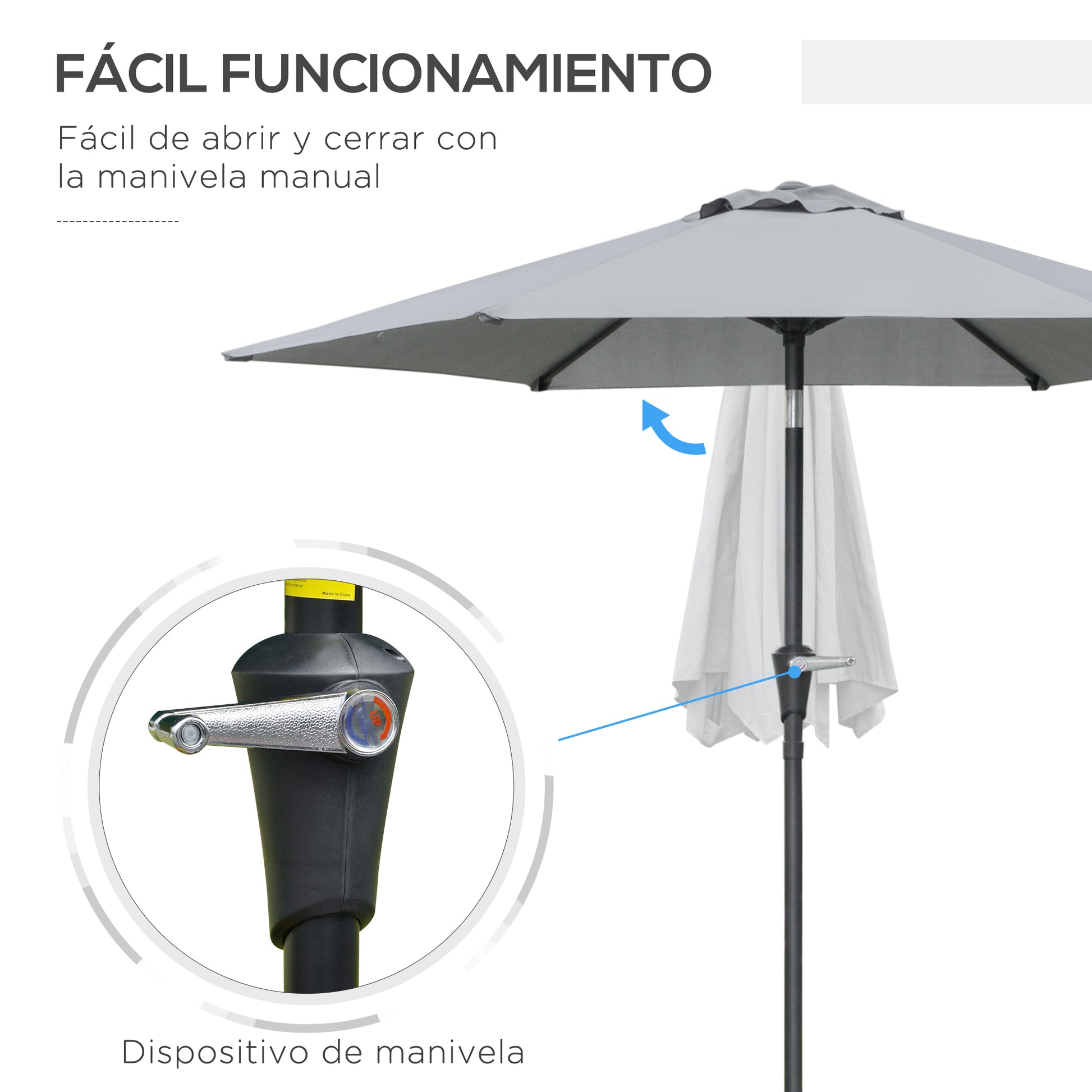 Terrace Umbrella Ø230 cm Garden Umbrella with Adjustable Angle and Hand Crank Waterproof Parasol for Patio Terrace Gray