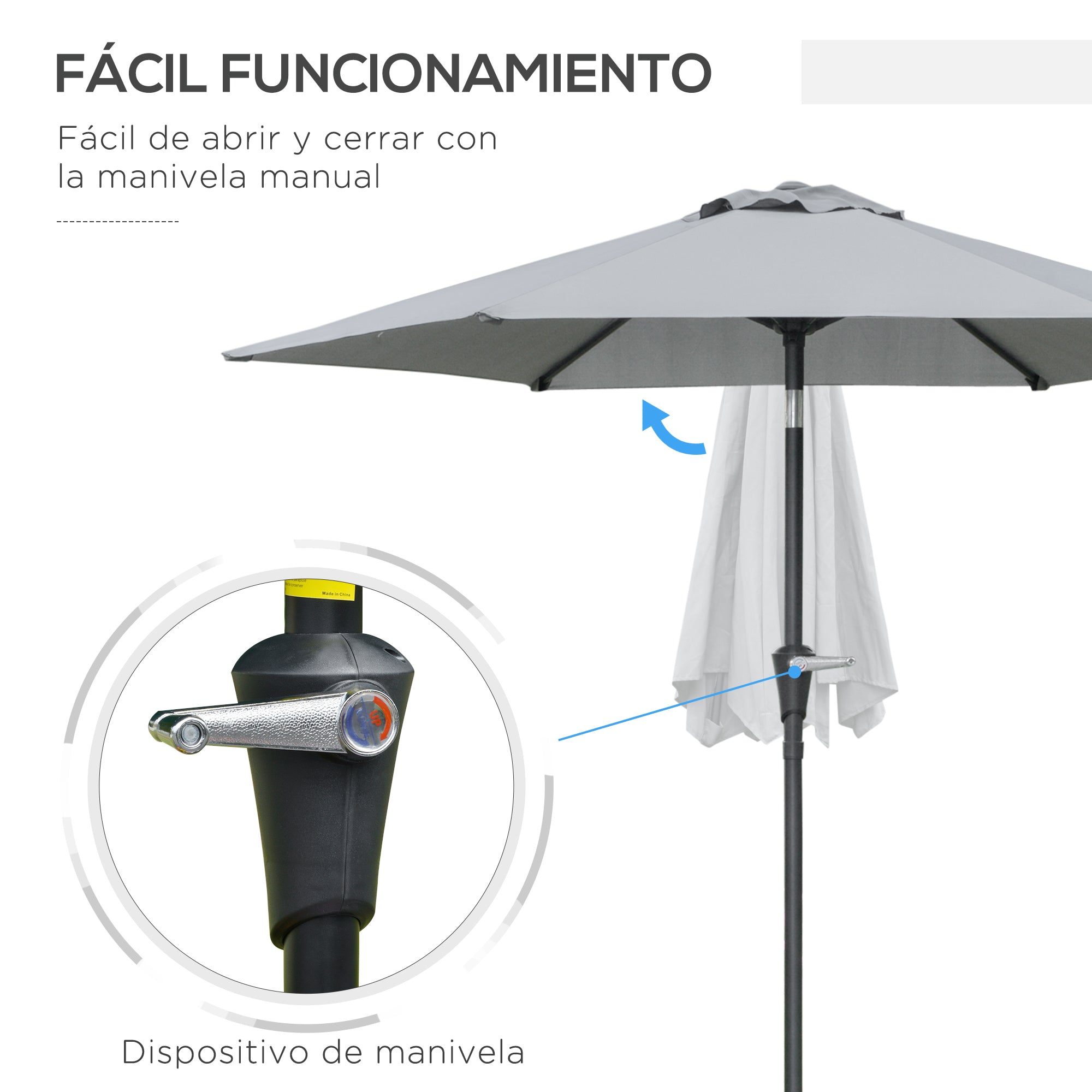 Terrace Umbrella Ø230 cm Garden Umbrella with Adjustable Angle and Hand Crank Waterproof Parasol for Patio Terrace Gray