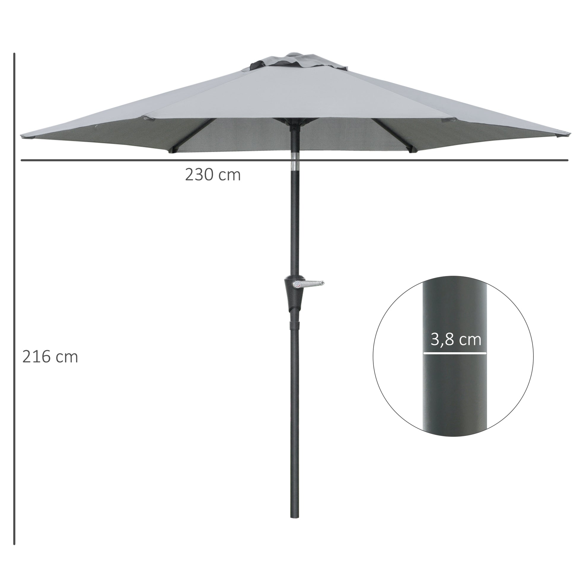 Terrace Umbrella Ø230 cm Garden Umbrella with Adjustable Angle and Hand Crank Waterproof Parasol for Patio Terrace Gray