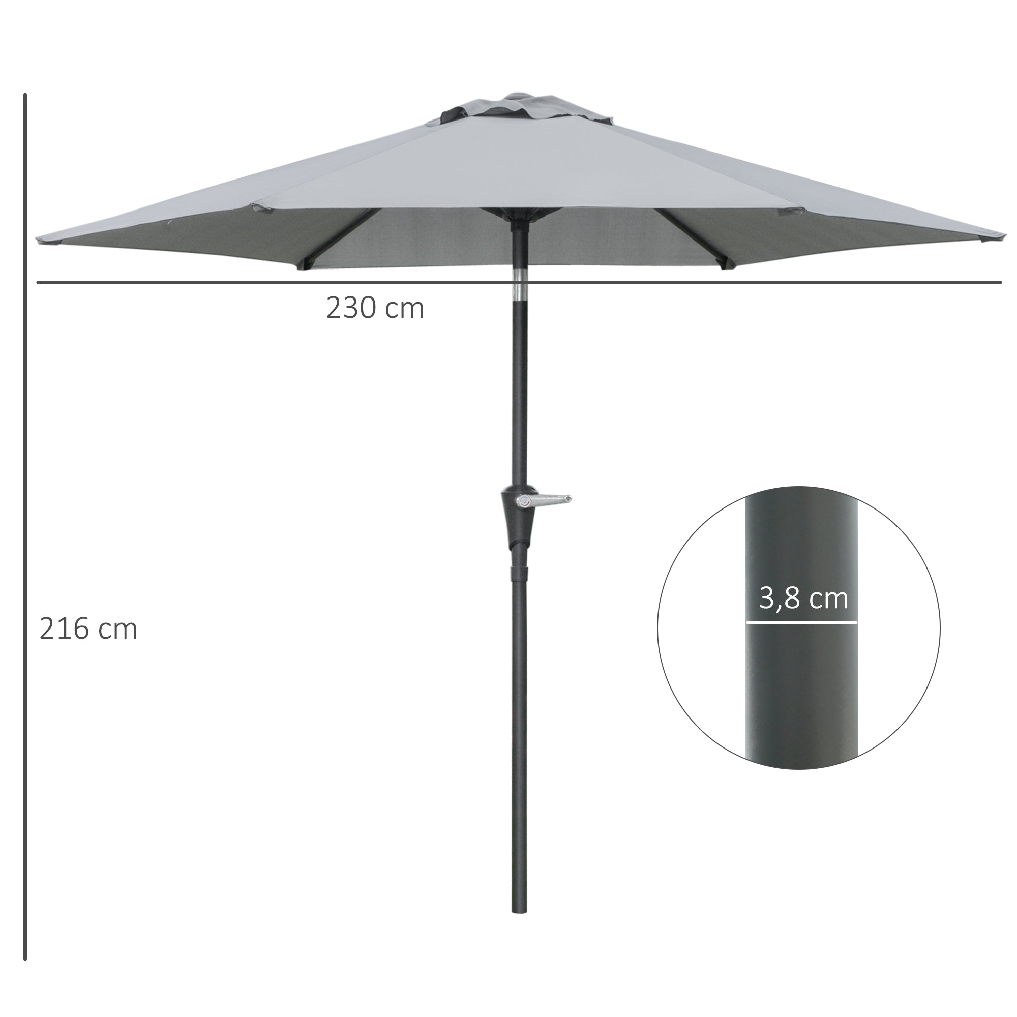 Terrace Umbrella Ø230 cm Garden Umbrella with Adjustable Angle and Hand Crank Waterproof Parasol for Patio Terrace Gray