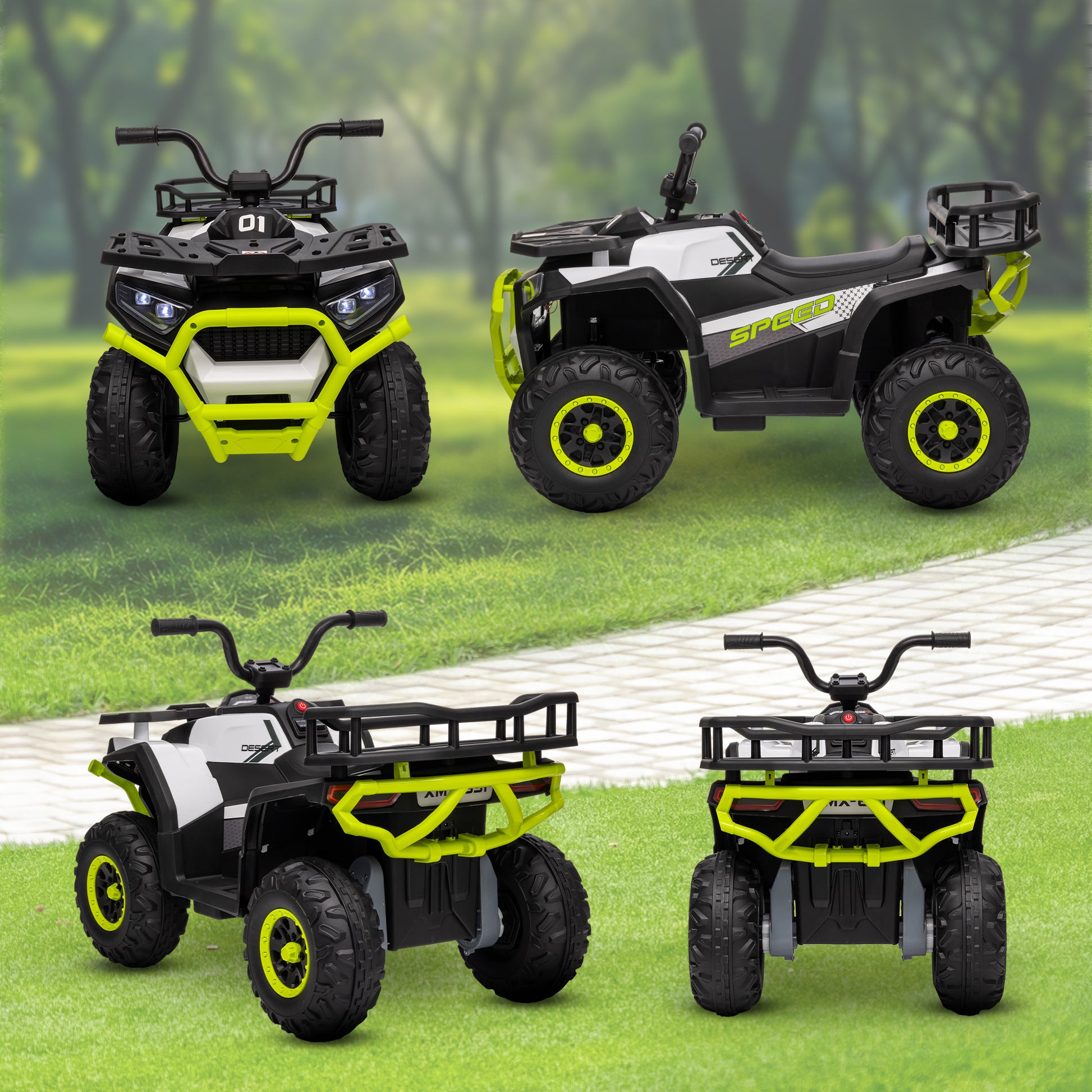 Electric Quad for Kids 3+ Years Electric Car for Kids with 12V Battery Headlights Music MP3 Speed 3-6 km/h and 30 kg Load Basket Green