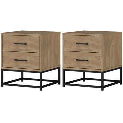Set of 2 bedside tables with 2 drawers, industrial style nightstand for bedroom, living room, dimensions 40 x 39.5 x 48 cm natural wood finish