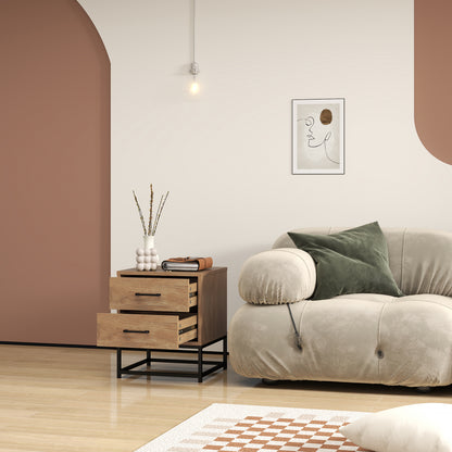 Set of 2 bedside tables with 2 drawers, industrial style nightstand for bedroom, living room, dimensions 40 x 39.5 x 48 cm natural wood finish