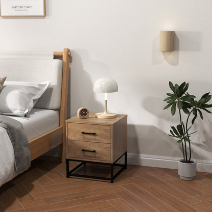 Set of 2 bedside tables with 2 drawers, industrial style nightstand for bedroom, living room, dimensions 40 x 39.5 x 48 cm natural wood finish