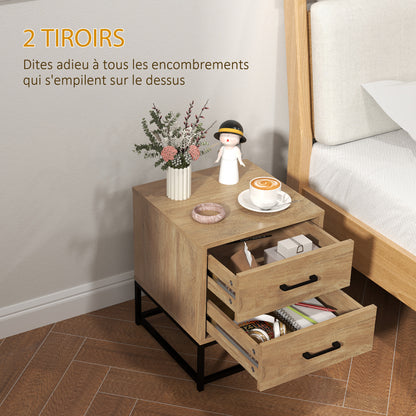 Set of 2 bedside tables with 2 drawers, industrial style nightstand for bedroom, living room, dimensions 40 x 39.5 x 48 cm natural wood finish