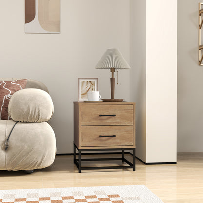 Set of 2 bedside tables with 2 drawers, industrial style nightstand for bedroom, living room, dimensions 40 x 39.5 x 48 cm natural wood finish