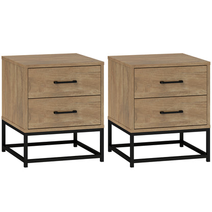 Set of 2 bedside tables with 2 drawers, industrial style nightstand for bedroom, living room, dimensions 40 x 39.5 x 48 cm natural wood finish
