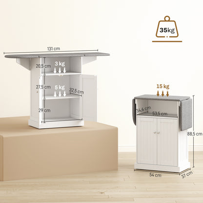 Rolling Ironing Cabinet with Foldable Ironing Board, Open Compartment & Adjustable Shelf — White, 131 x 37 x 89.5 cm