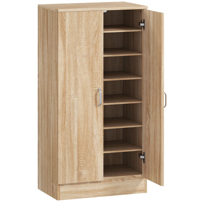 2-Door Shoe Cabinet with 6 Adjustable Shelves, Soft-Close Doors, Stores up to 14 Pairs, Natural Wood Finish (55 x 35 x 108 cm)