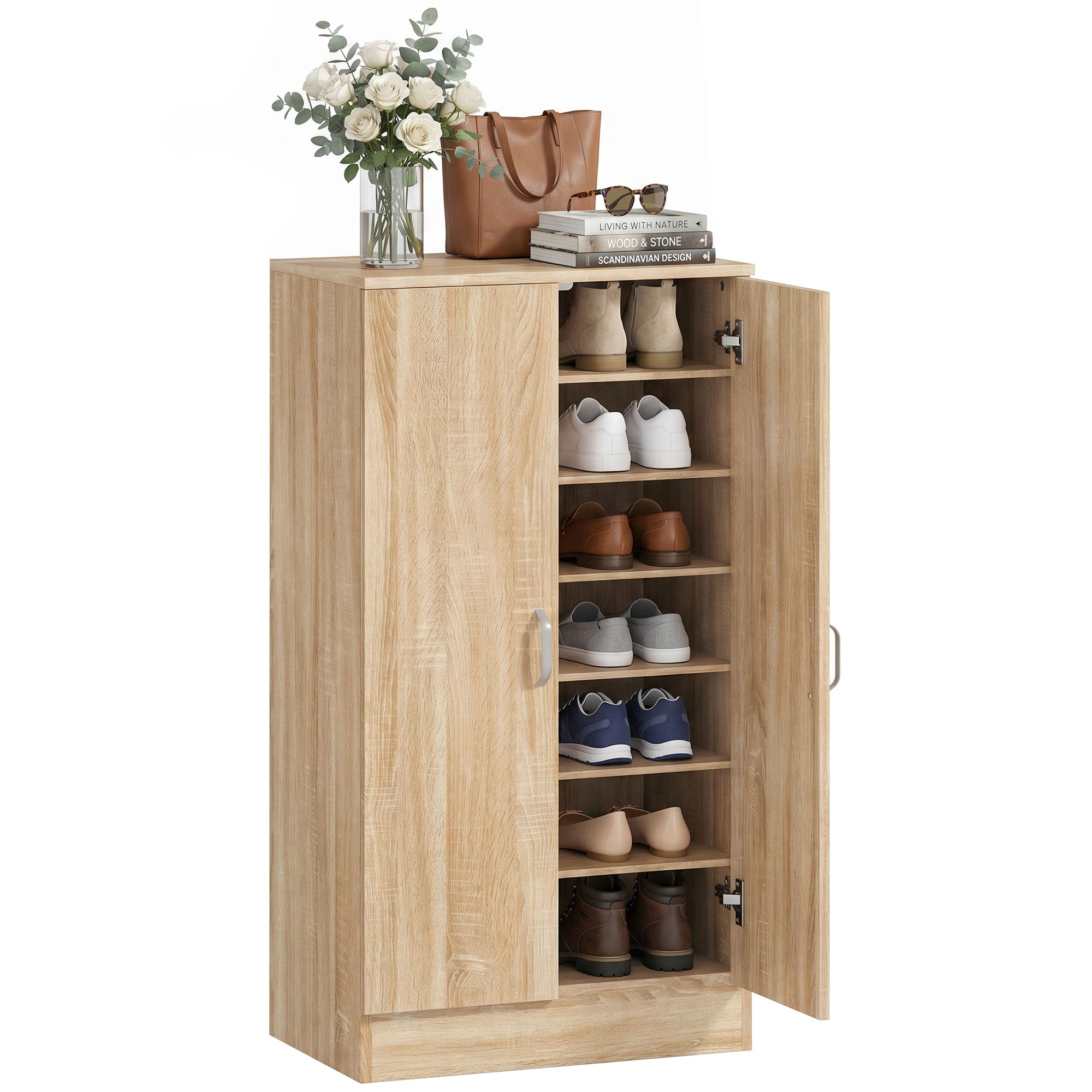 2-Door Shoe Cabinet with 6 Adjustable Shelves, Soft-Close Doors, Stores up to 14 Pairs, Natural Wood Finish (55 x 35 x 108 cm)