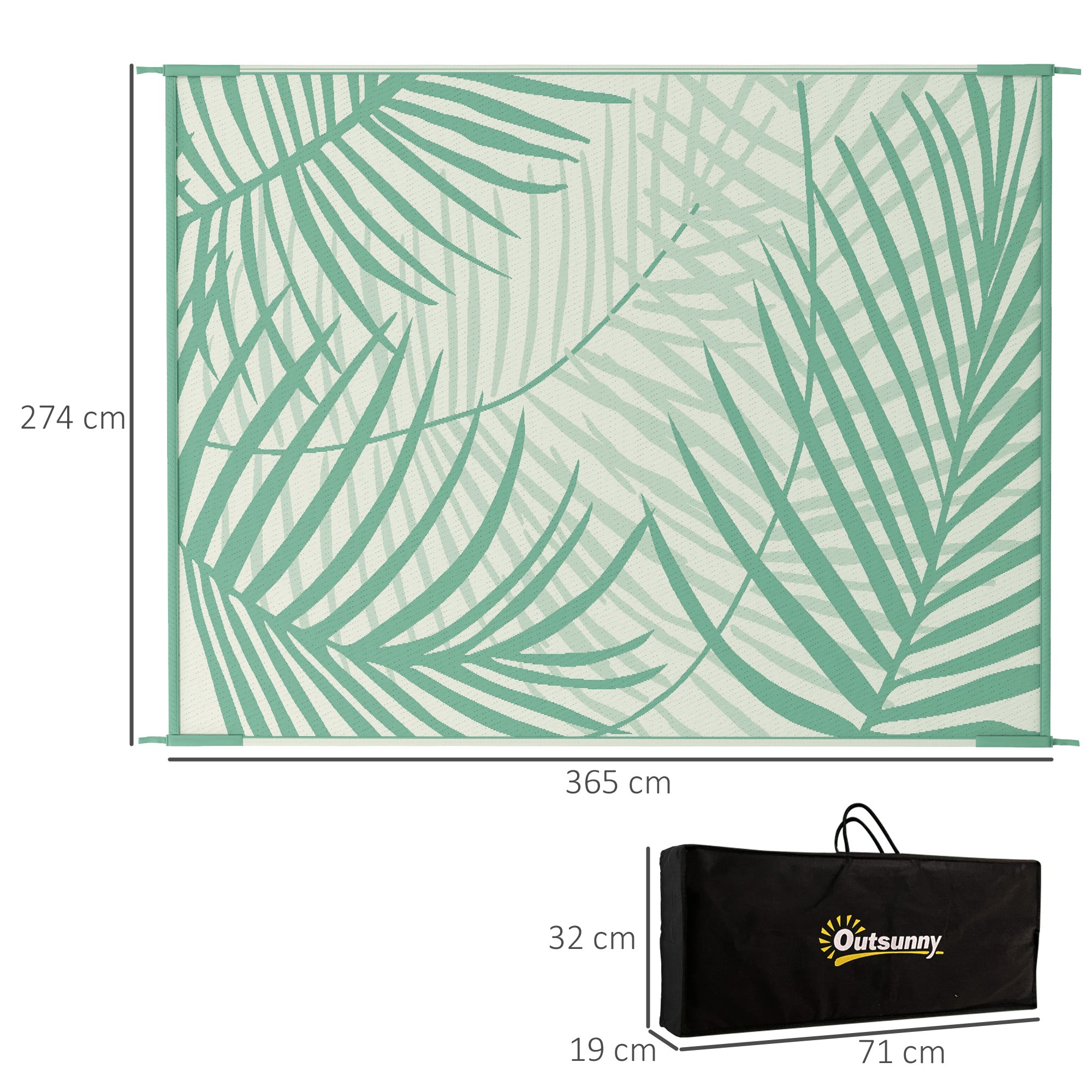 Outdoor Carpet with Carrying Bag, Reversible Plastic Carpet Water-Resistant Balcony Carpet for Camping, Patio, Green, 365 x 274 cm