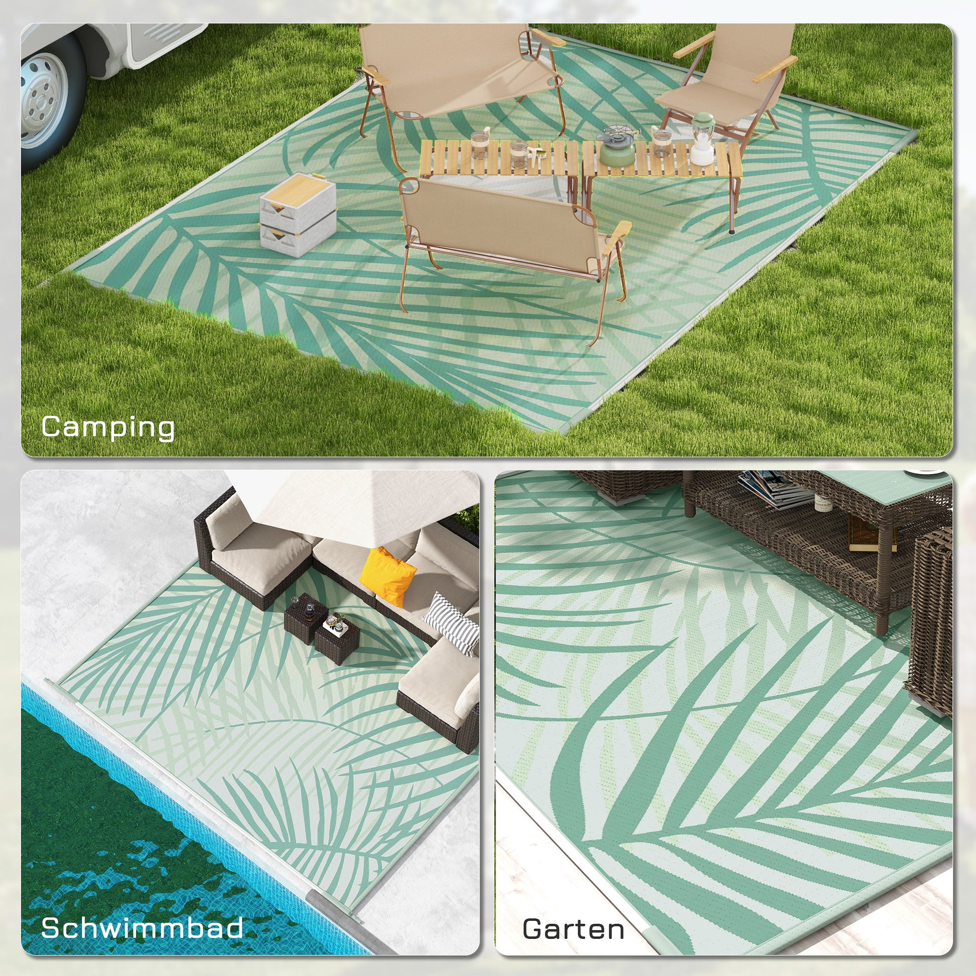 Outdoor Carpet with Carrying Bag, Reversible Plastic Carpet Water-Resistant Balcony Carpet for Camping, Patio, Green, 365 x 274 cm
