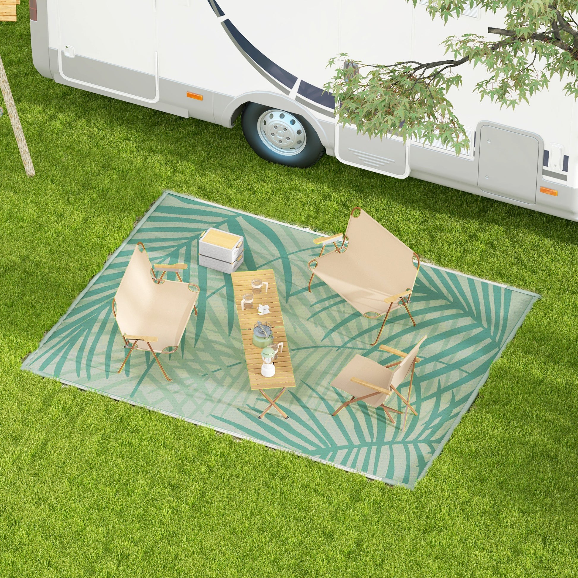Outdoor Carpet with Carrying Bag, Reversible Plastic Carpet Water-Resistant Balcony Carpet for Camping, Patio, Green, 365 x 274 cm