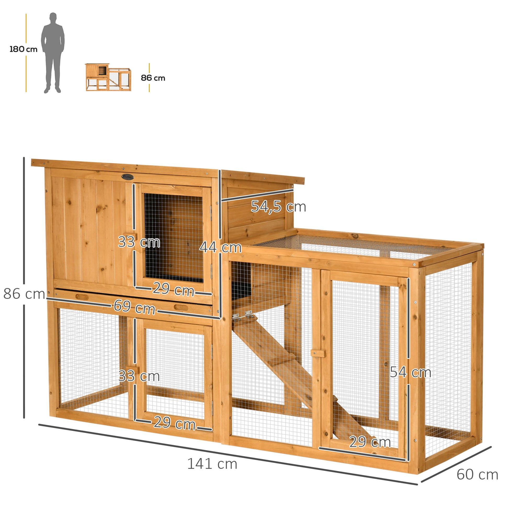 Rabbit Hutch Small Animal Hutch with Removable Tray and Ramp Pet House Pet Cage Outdoor Indoor Fir Wood Orange 141 x 60 x 86 cm