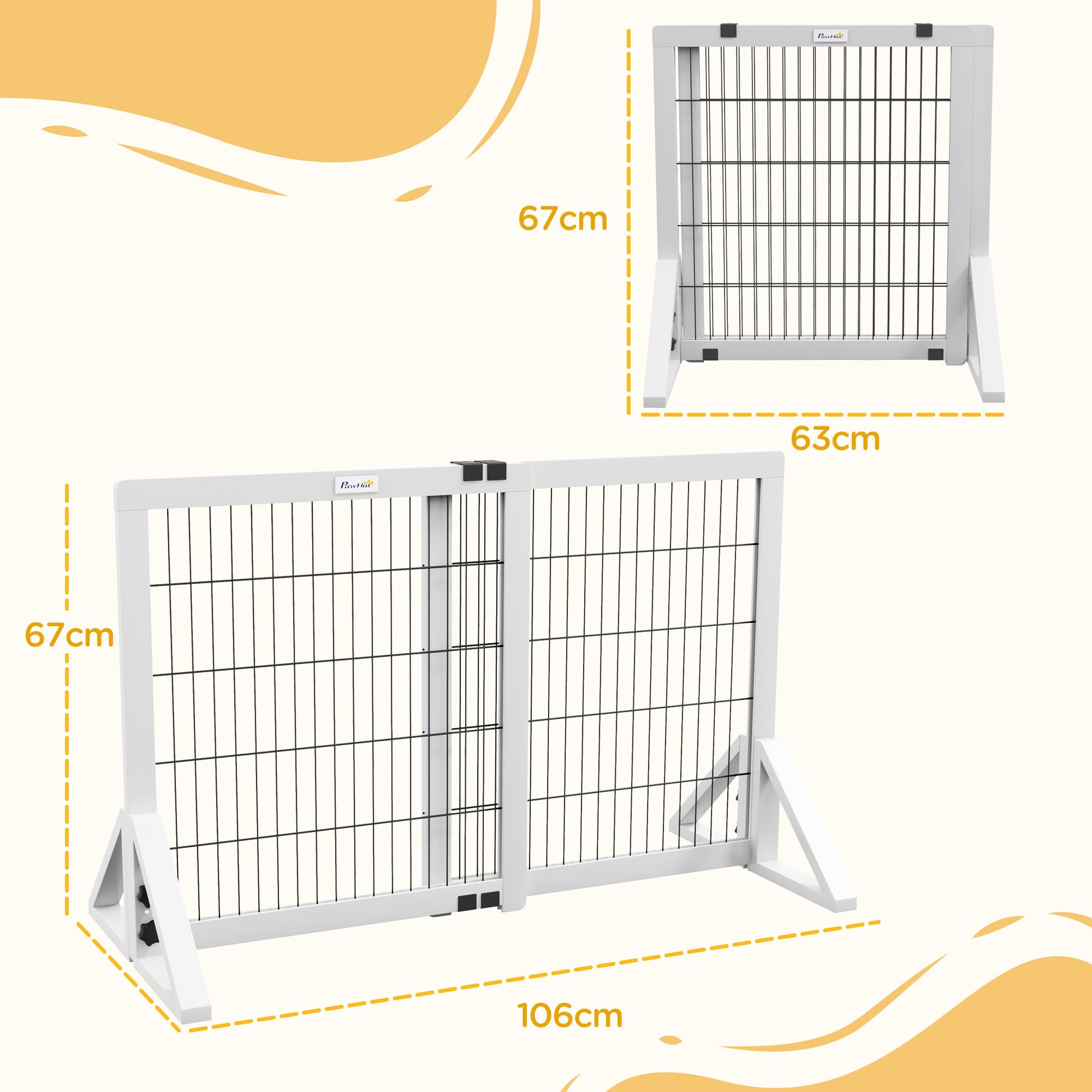 Dog Safety Barrier, 2-panel adjustable width protection barrier 63-106L x 44W x 67H cm, for stairs, doors, hallways, made of pine wood and steel, white