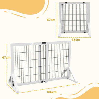 Dog Safety Barrier, 2-panel adjustable width protection barrier 63-106L x 44W x 67H cm, for stairs, doors, hallways, made of pine wood and steel, white