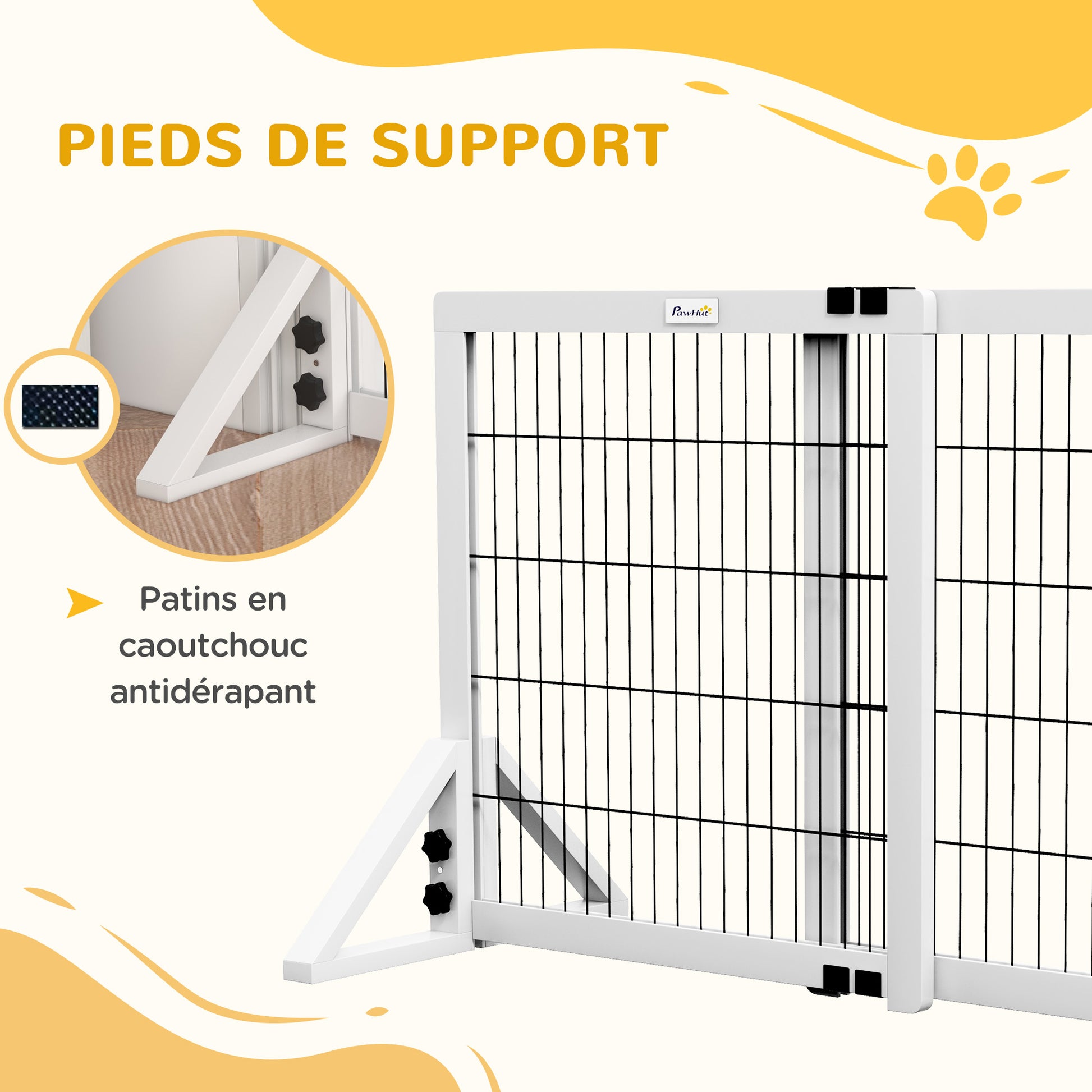 Dog Safety Barrier, 2-panel adjustable width protection barrier 63-106L x 44W x 67H cm, for stairs, doors, hallways, made of pine wood and steel, white