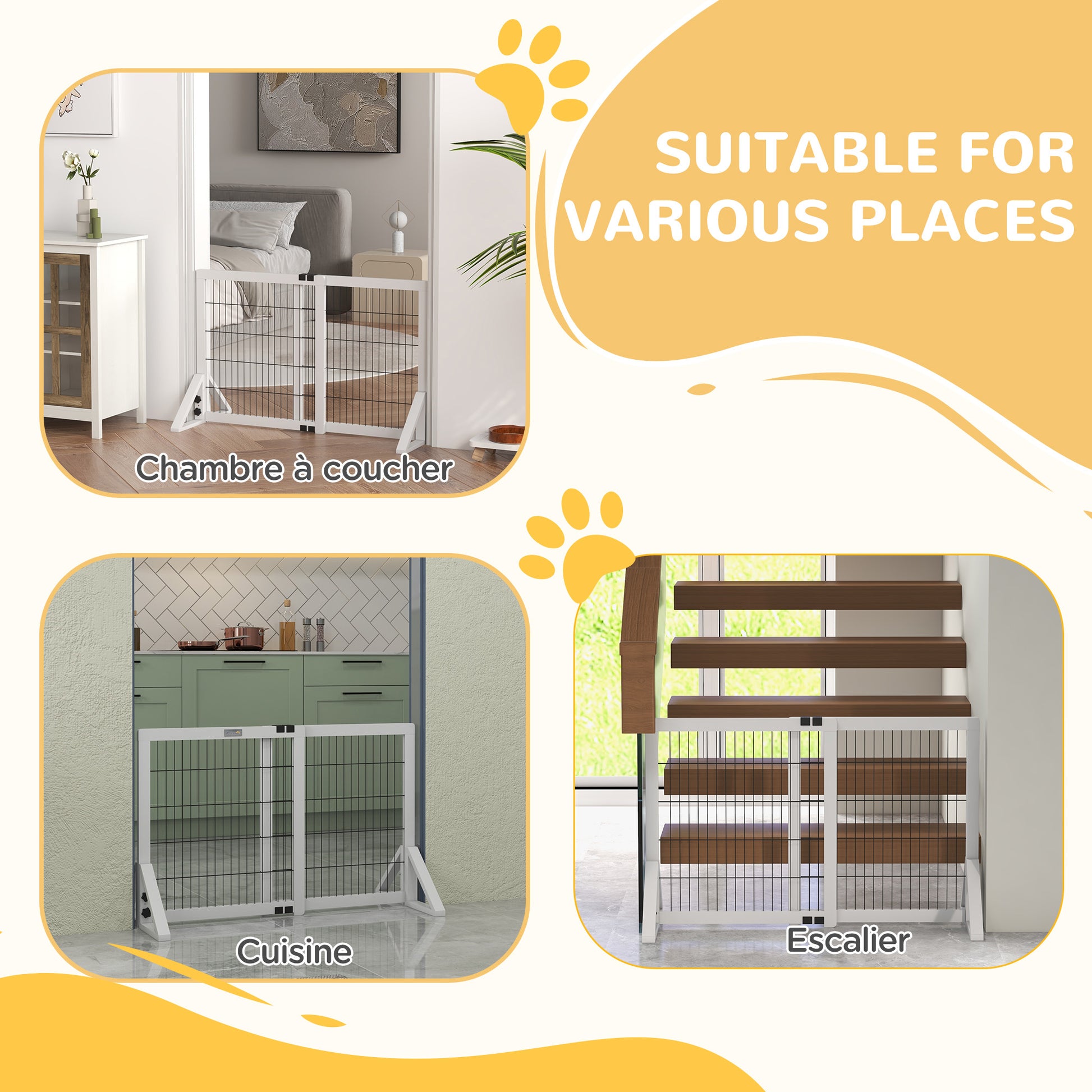 Dog Safety Barrier, 2-panel adjustable width protection barrier 63-106L x 44W x 67H cm, for stairs, doors, hallways, made of pine wood and steel, white