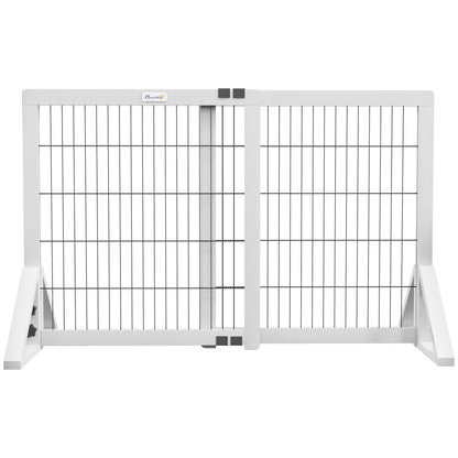 Dog Safety Barrier, 2-panel adjustable width protection barrier 63-106L x 44W x 67H cm, for stairs, doors, hallways, made of pine wood and steel, white