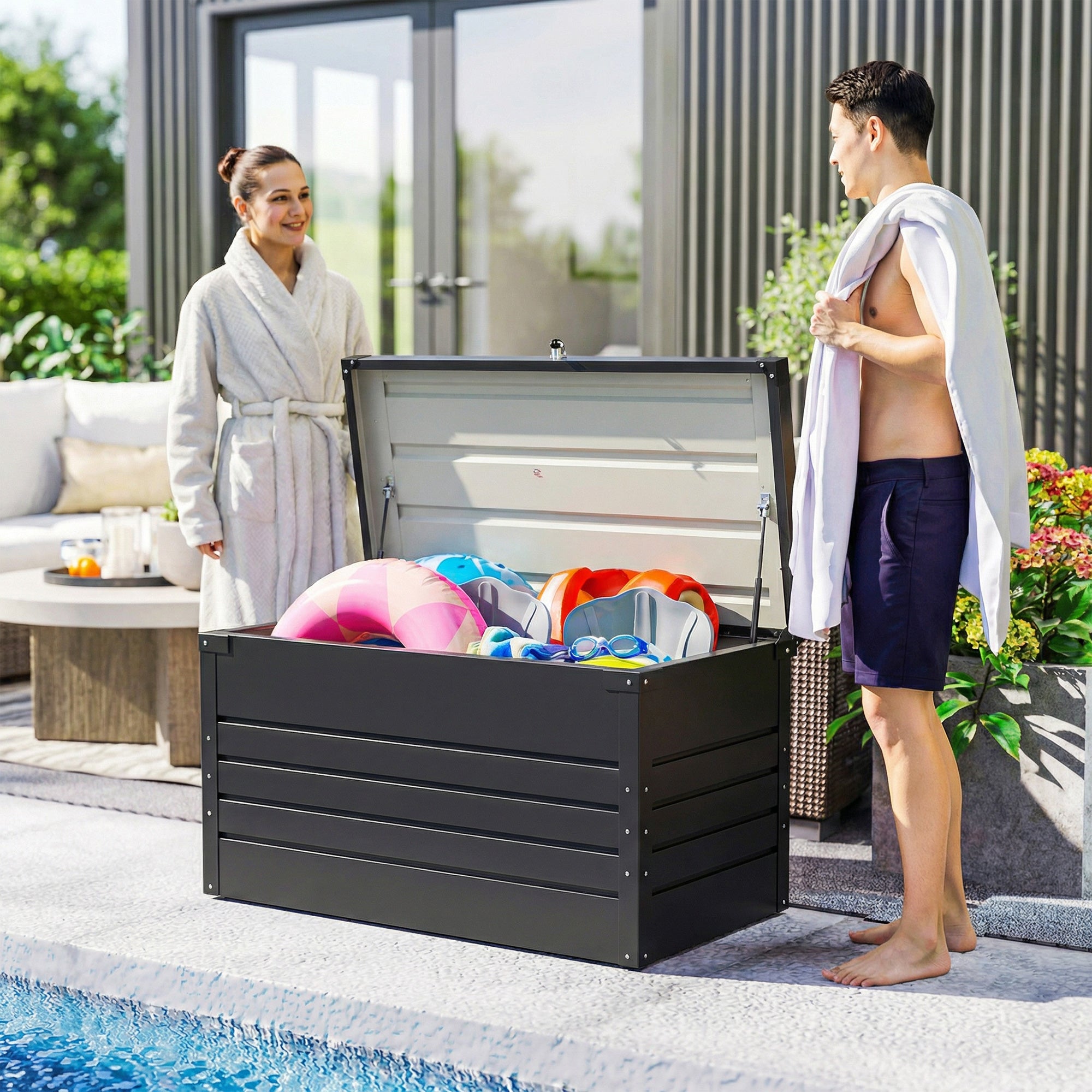 450L Metal Garden Storage Box — Lockable, Water-Resistant Cushion Chest with Double-Wall Lid & Gloves, 47.2×24.0×24.4 in (120×61×62 cm), Gray