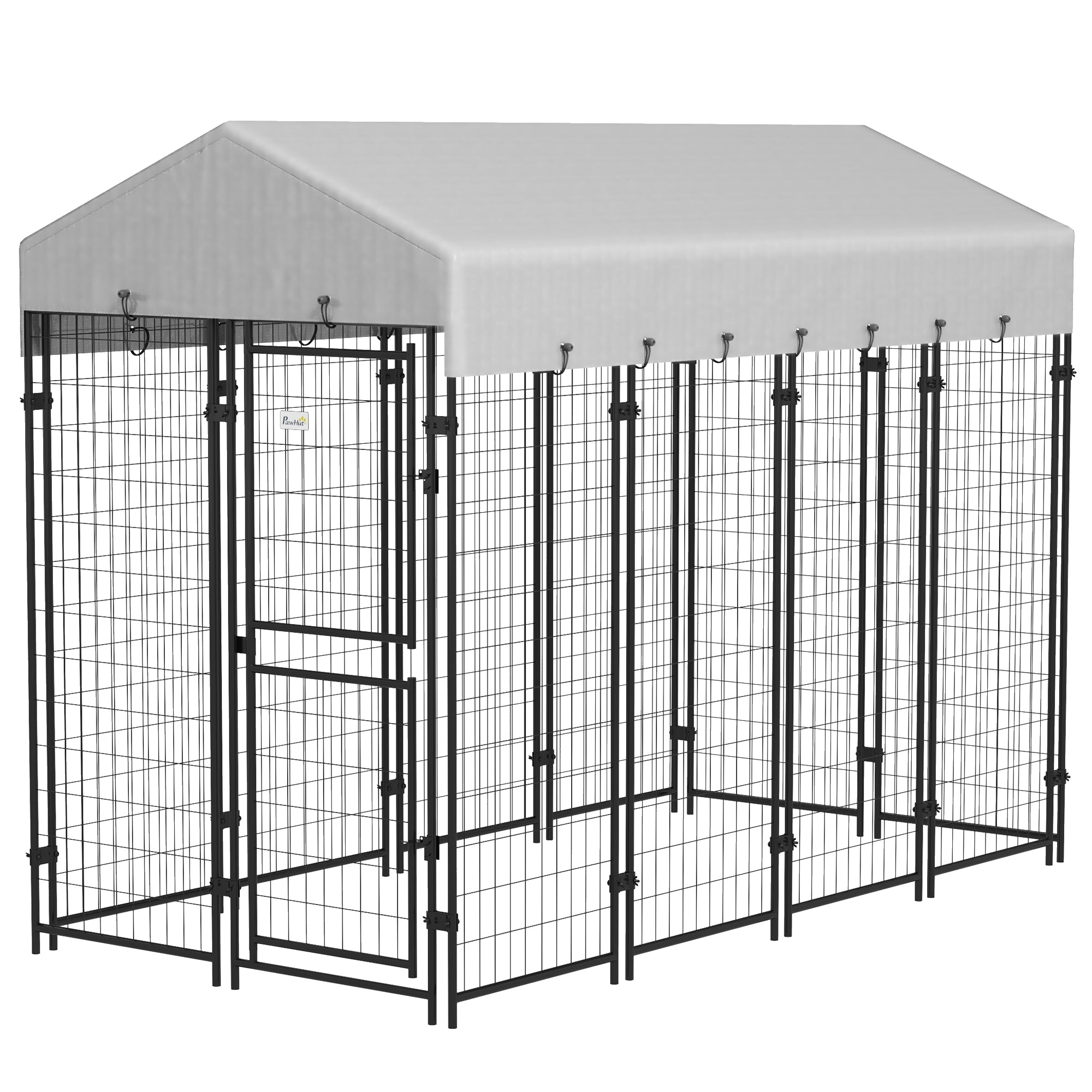 Outdoor Dog Kennel, Large Metal Dog Cage with Anti-UV Waterproof Roof and 2-Section Door, 239x121x183cm, Silver