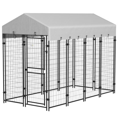 Outdoor Dog Kennel, Large Metal Dog Cage with Anti-UV Waterproof Roof and 2-Section Door, 239x121x183cm, Silver