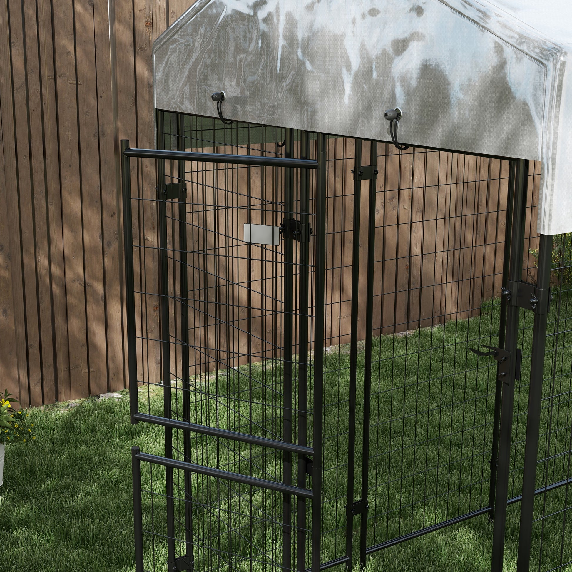 Outdoor Dog Kennel, Large Metal Dog Cage with Anti-UV Waterproof Roof and 2-Section Door, 239x121x183cm, Silver
