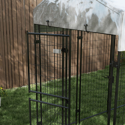 Outdoor Dog Kennel, Large Metal Dog Cage with Anti-UV Waterproof Roof and 2-Section Door, 239x121x183cm, Silver