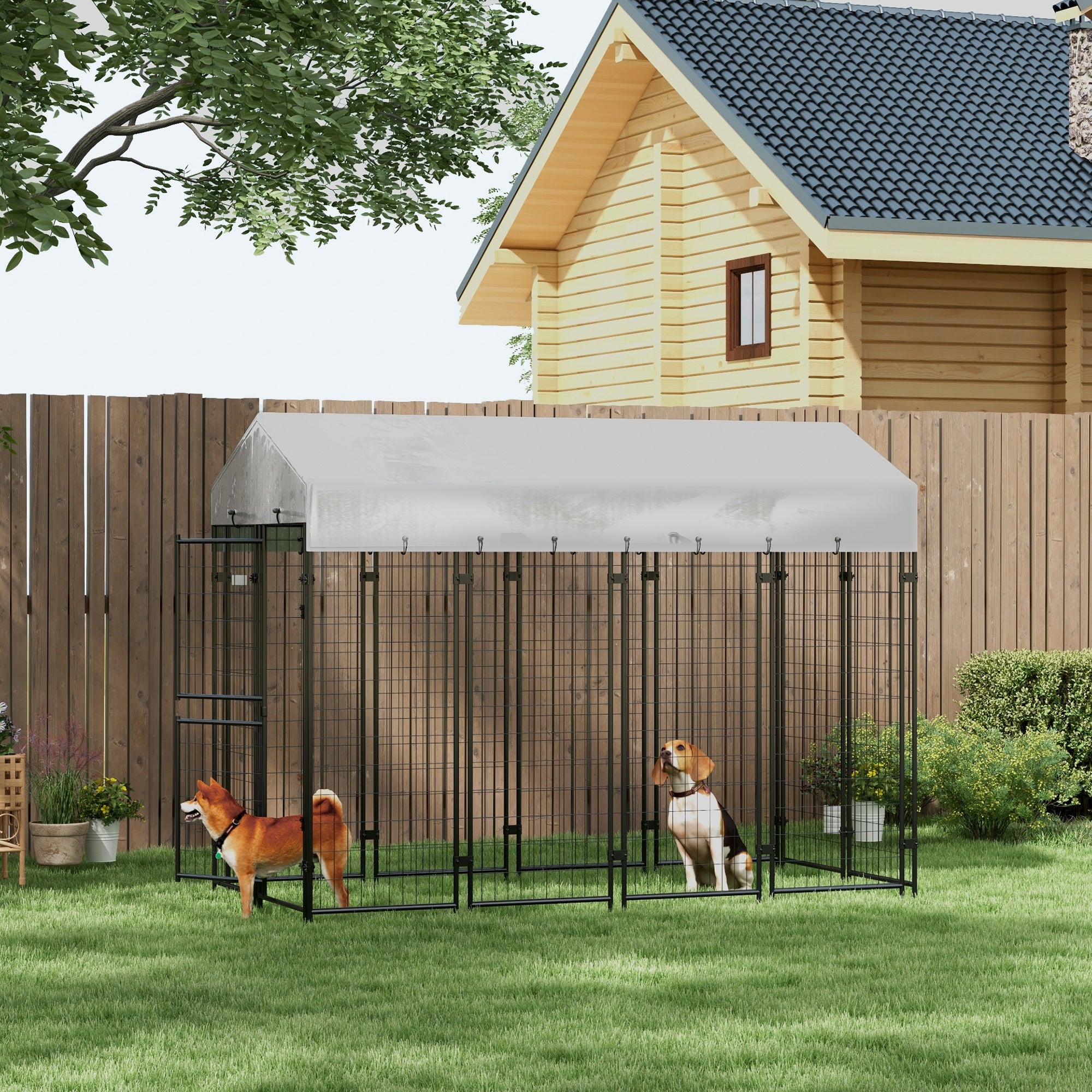 Outdoor Dog Kennel, Large Metal Dog Cage with Anti-UV Waterproof Roof and 2-Section Door, 239x121x183cm, Silver